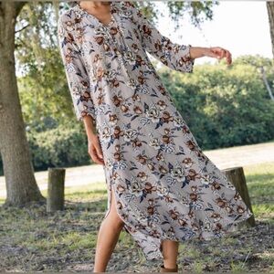 Natural Life Amelia Grey Crinkle Floral Maxi Dress Medium Cottagecore Feminine